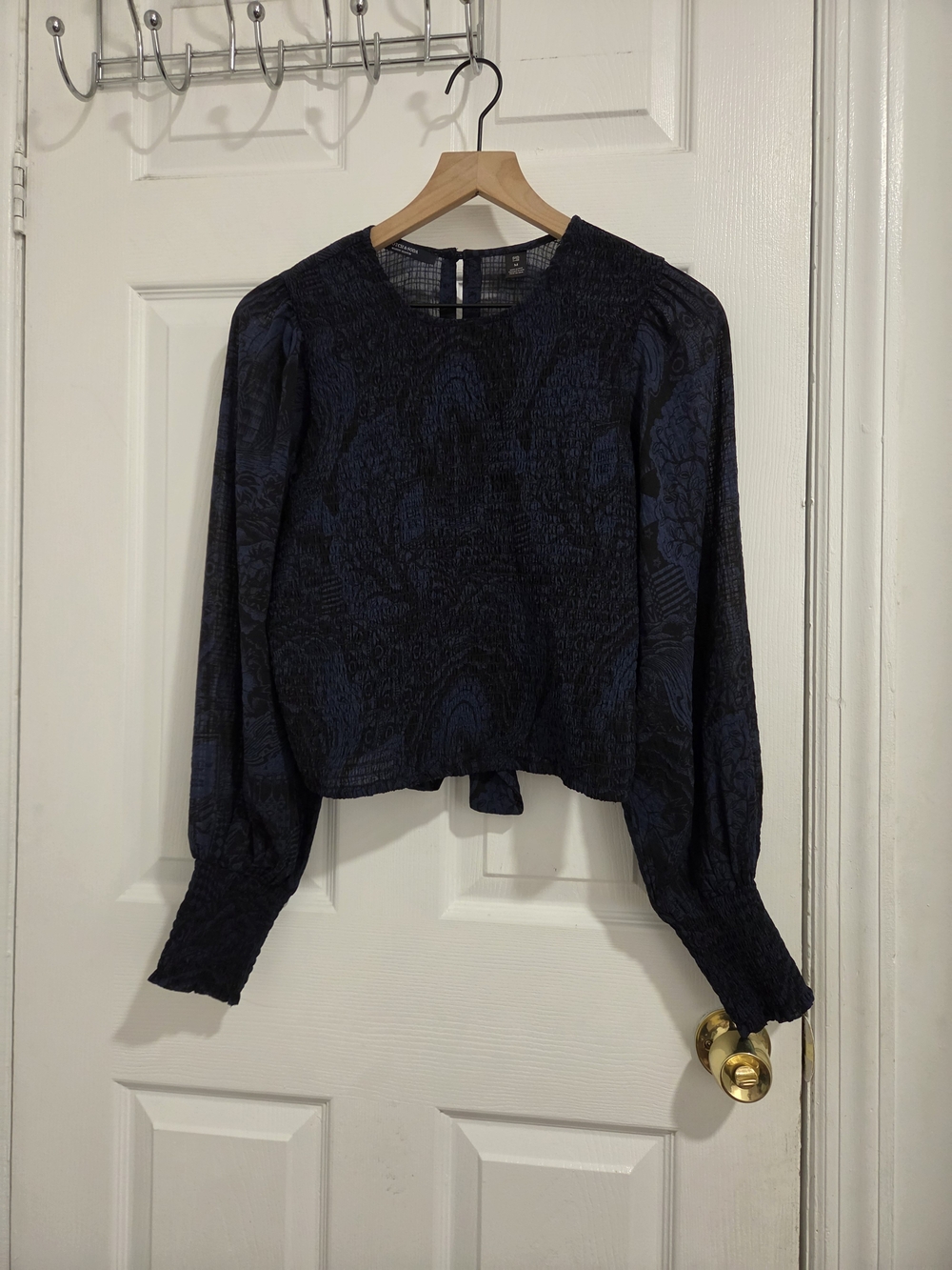 Women's Navy Cropped  Blue Long-Sleeve Smocked Blouse